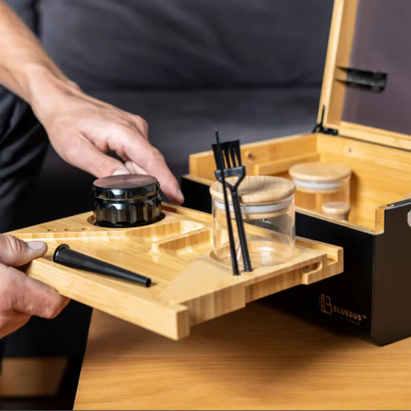 Luxury Bamboo Stash Box Kit with Movable Tray Storage & Lock Gift Set