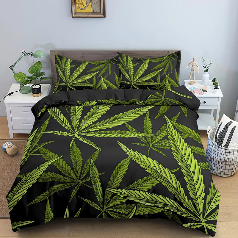 Weed Leaves Bedding Set with Pillowcase 2/3pcs Polyester Quilt Cover