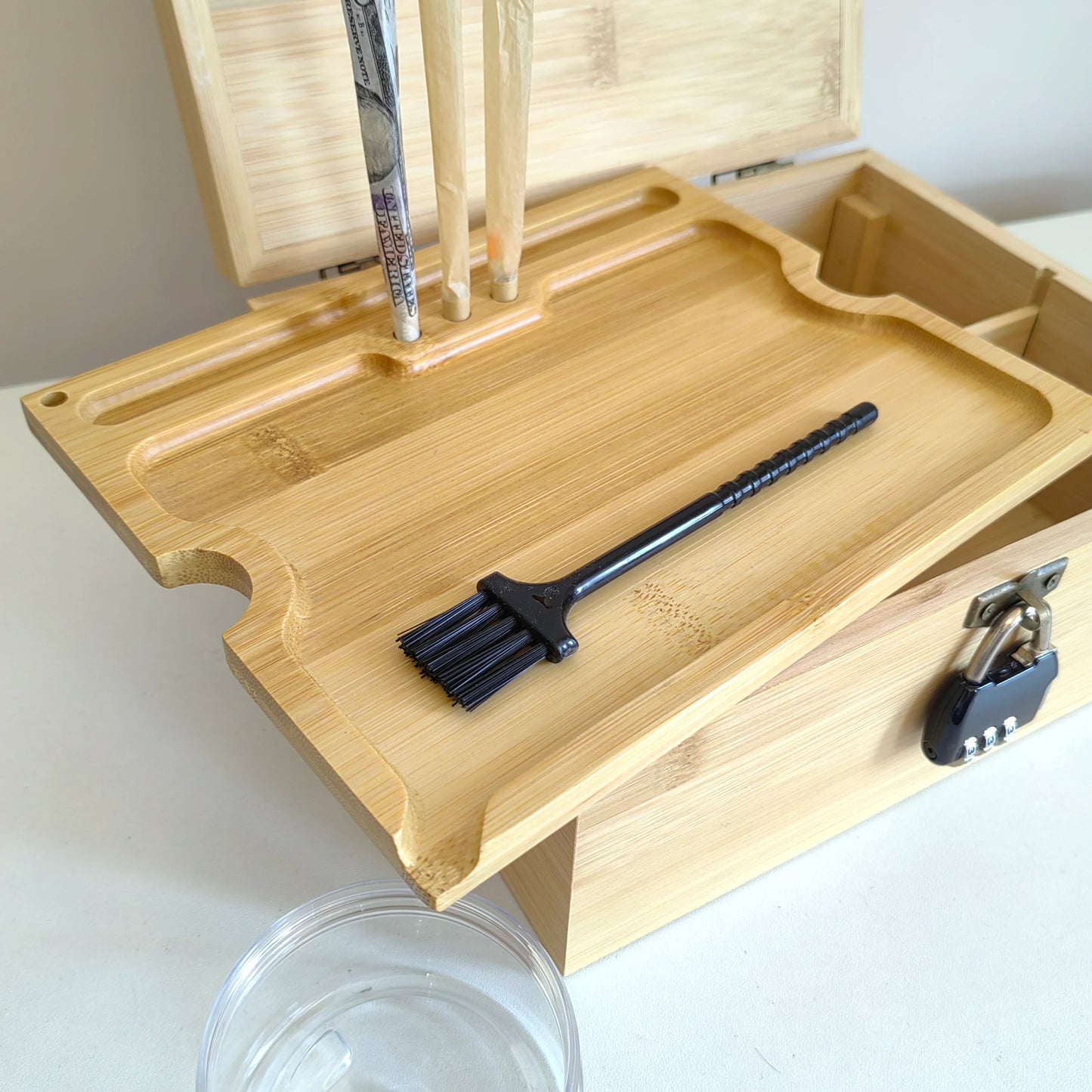 Bamboo Storage Stash Box With Rolling Tray, Lock & Accessories.