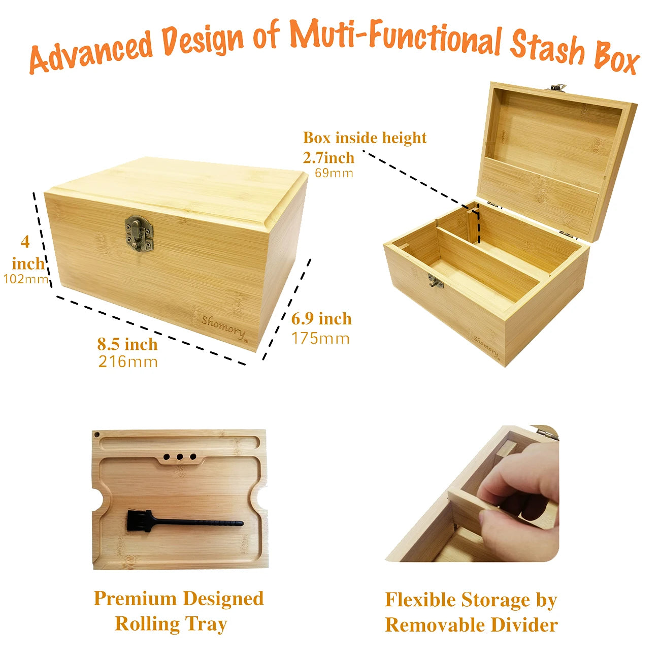 Bamboo Storage Stash Box With Rolling Tray, Lock & Accessories.