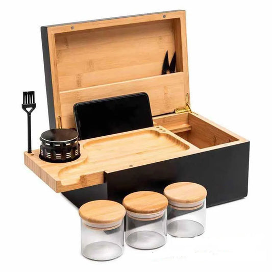 Luxury Bamboo Stash Box Kit with Movable Tray Storage & Lock Gift Set