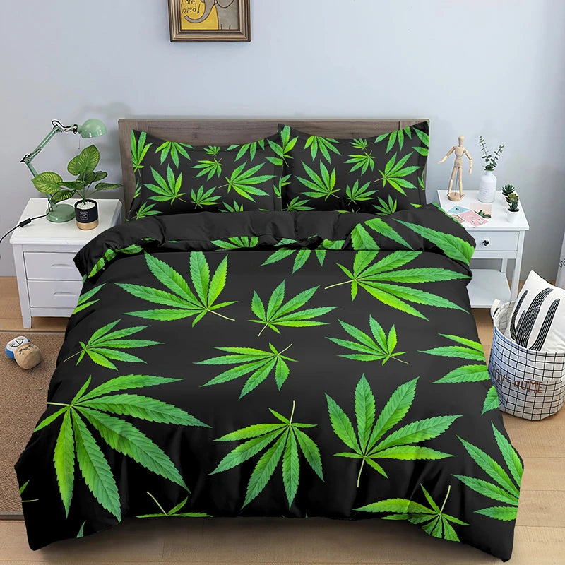 Weed Leaves Bedding Set with Pillowcase 2/3pcs Polyester Quilt Cover