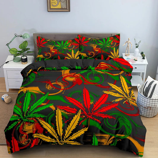 Weed Leaves Bedding Set Cover Set with Pillowcase 2/3pcs Polyester Quilt Cover