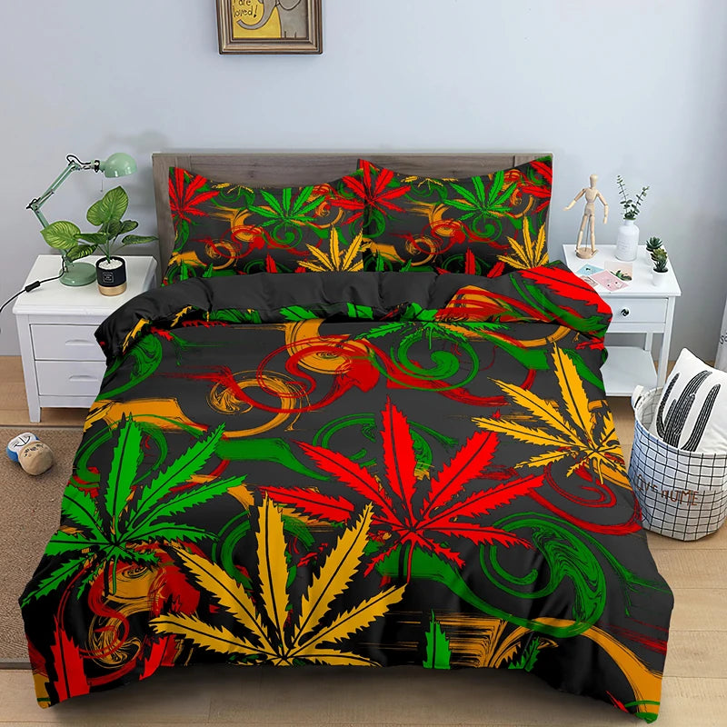 Weed Leaves Bedding Set with Pillowcase 2/3pcs Polyester Quilt Cover