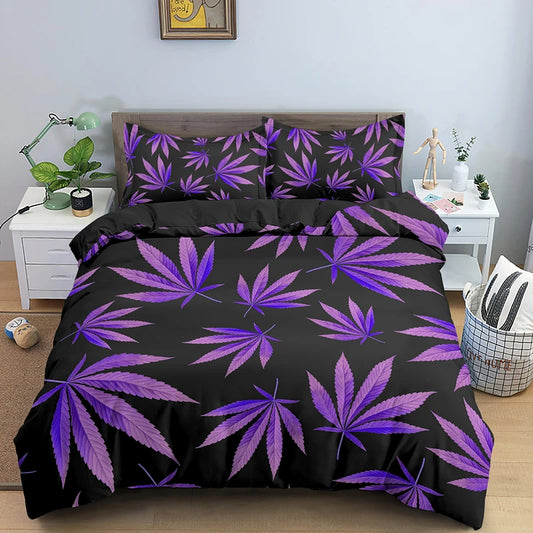 Weed Leaves Bedding Set with Pillowcase 2/3pcs Polyester Quilt Cover