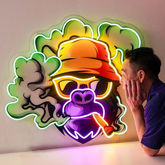 Neon Sign "Smoking Ape" (Green) Wall/Bar/Shop (Led Neon Light Handmade Custom)